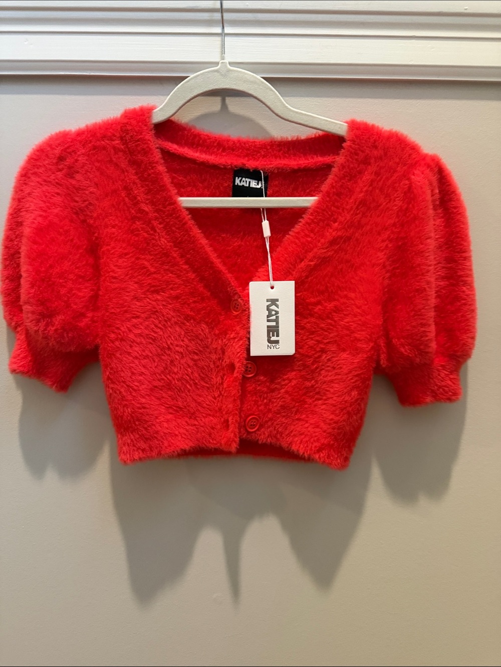 NWT Girls Katie J NYC Red Fuzzy Fur Cropped Puff-Sleeve Cardigan Sz L